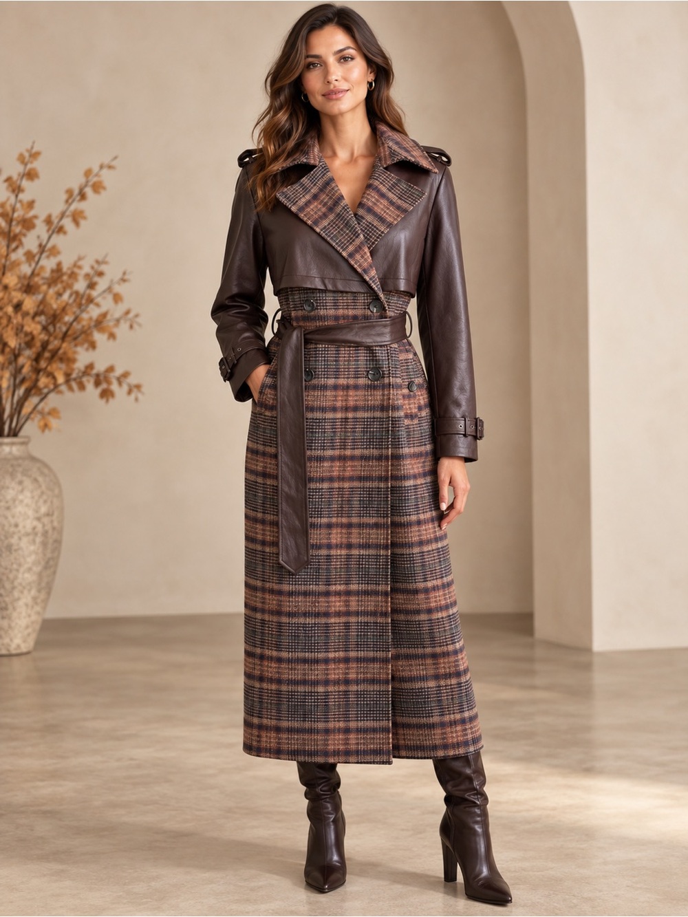 Avec Les Filles Plaid Faux Leather Trim Belted Maxi Trench Coat M